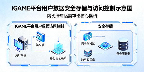 IGAME平台用户数据安全存储与访问控制示意图 - 展示防火墙与隔离存储