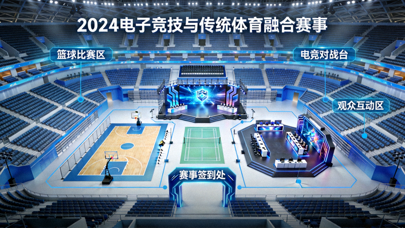 2024年电子竞技与传统体育赛事在大型体育场馆融合举办的场景示意图