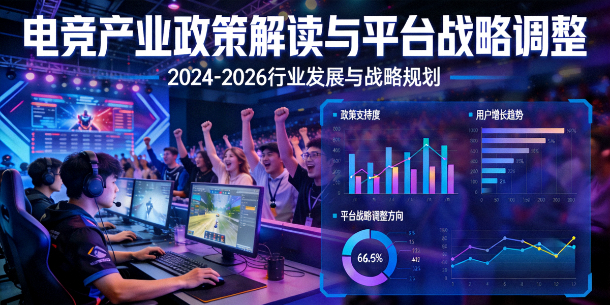 电竞产业政策解读与平台战略调整专题封面图 - 展示电竞比赛场景与数据分析图表