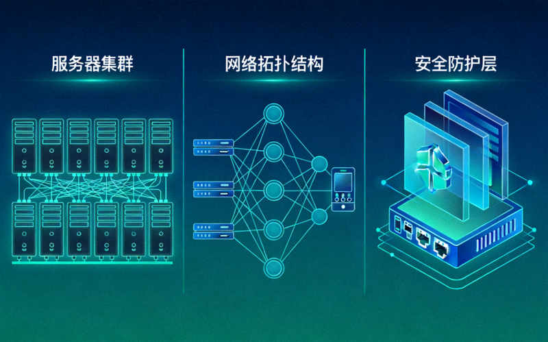 IGAME平台数据中心示意图，展示服务器集群、网络拓扑与安全防护层