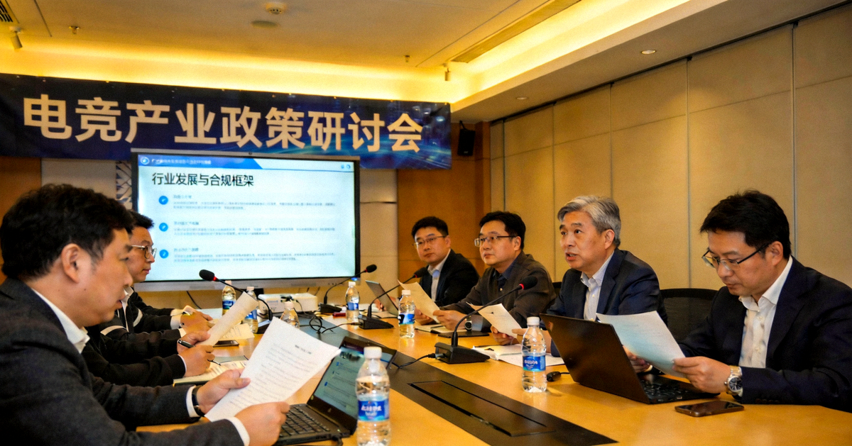 电竞产业政策研讨会现场照片，专家学者正在讨论行业发展与合规框架