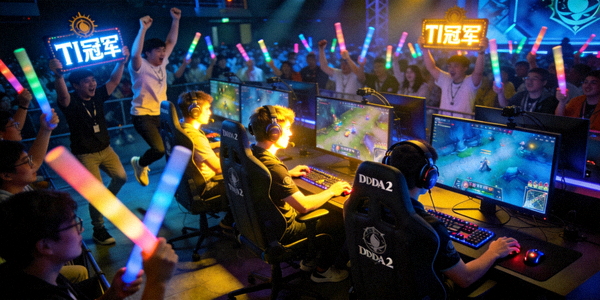 DOTA2国际邀请赛总决赛现场 - 选手全神贯注操作，台下观众欢呼