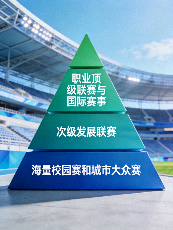 爱游戏构建的电竞赛事金字塔体系图：底层为海量校园赛和城市大众赛，中层为次级发展联赛，顶层为职业顶级联赛与国际赛事