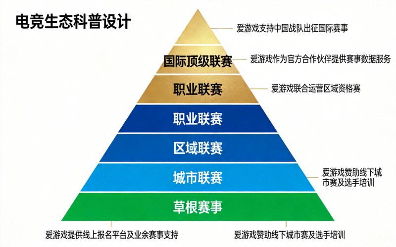 中国电竞生态发展示意图：展示从草根赛事到国际顶级联赛的完整金字塔结构，以及爱游戏在其中各层级的参与和支持