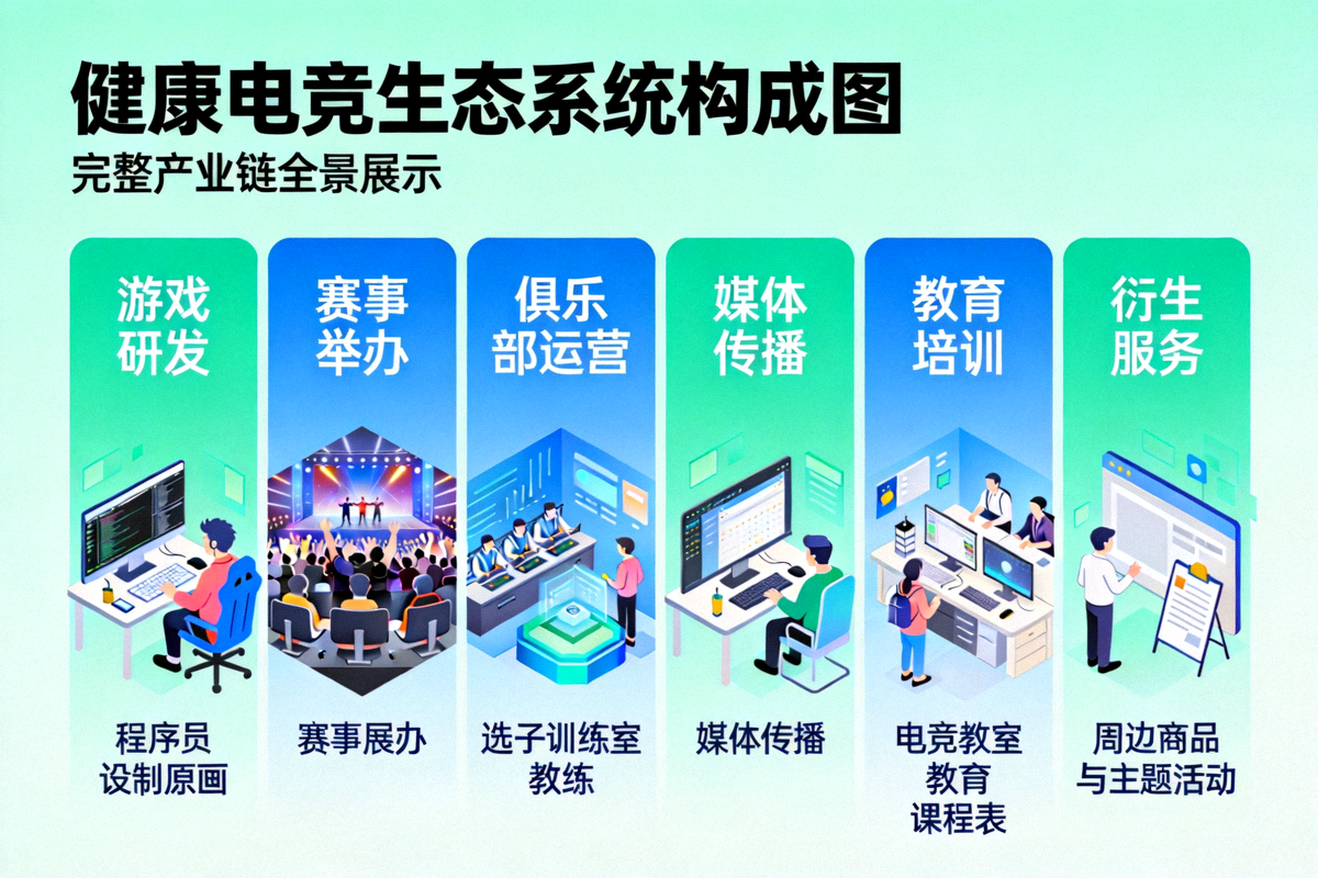 健康电竞生态系统构成图：展示从游戏研发、赛事举办、俱乐部运营、媒体传播到教育培训、衍生服务的完整产业链