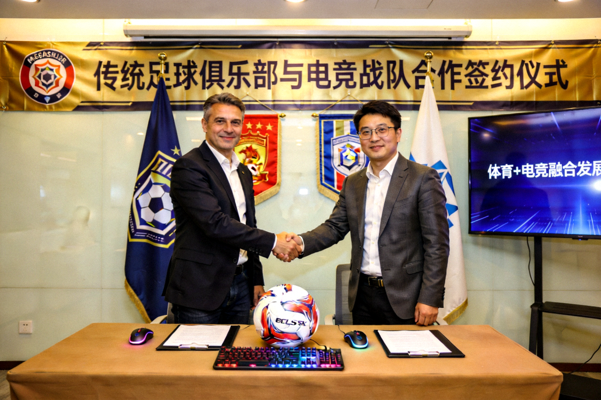 传统足球俱乐部与电竞战队合作签约仪式现场，展示体育与电竞的融合