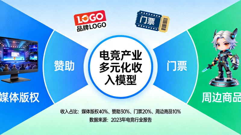 电竞产业多元化收入模型示意图 - 展示媒体版权、赞助、门票、周边商品等收入来源