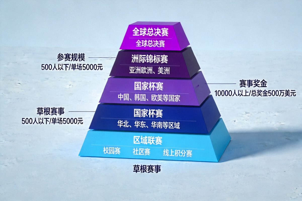 电竞赛事体系结构图展示从草根赛事到全球总决赛的多层次竞赛金字塔