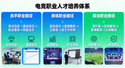 电竞职业人才培养体系图表，展示选手、教练、解说等职业路径