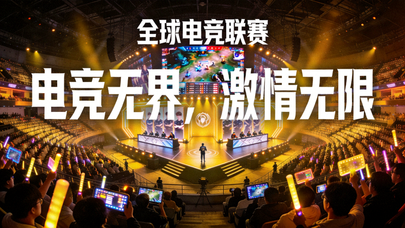 全球电竞比赛现场观众座无虚席的壮观场景，展示电竞产业的庞大影响力