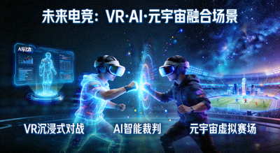 未来电竞概念图，展示VR、AI、元宇宙技术在电竞中的应用场景