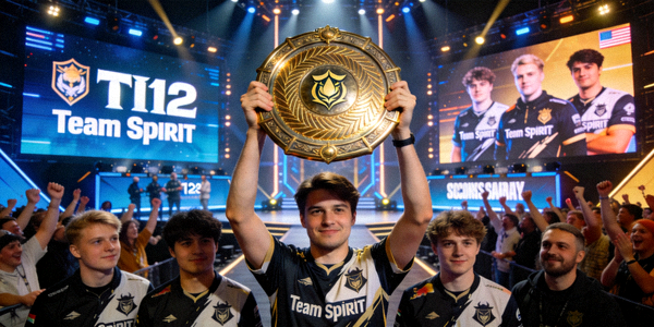 2023年DOTA2国际邀请赛TI12比赛现场，Team Spirit战队选手高举冠军神盾