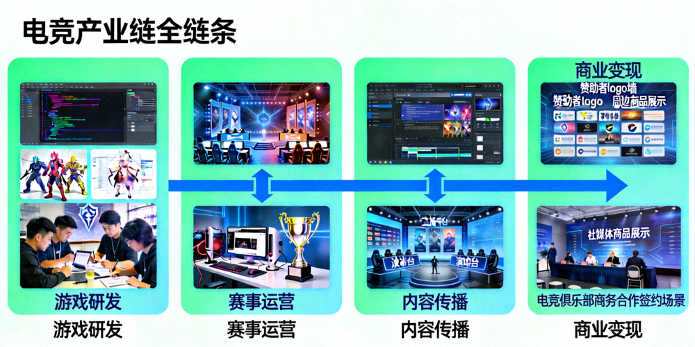 电竞产业链全景图，展示从游戏研发、赛事运营到内容传播、商业变现的全链条