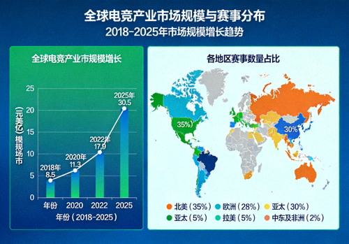 全球电竞产业市场规模增长图表与各地区赛事分布地图