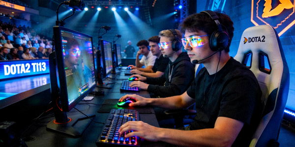 DOTA2国际邀请赛TI13比赛现场 - 选手专注操作键盘鼠标进行团队竞技