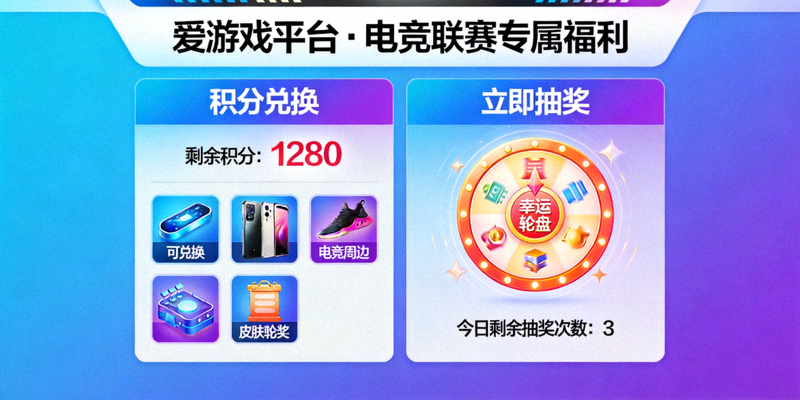 爱游戏平台内展示的电竞联赛专属福利活动页面，包含积分兑换与抽奖入口