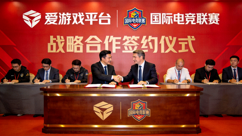 爱游戏平台与多个国际电竞联赛签约仪式现场，背景显示合作联盟标志
