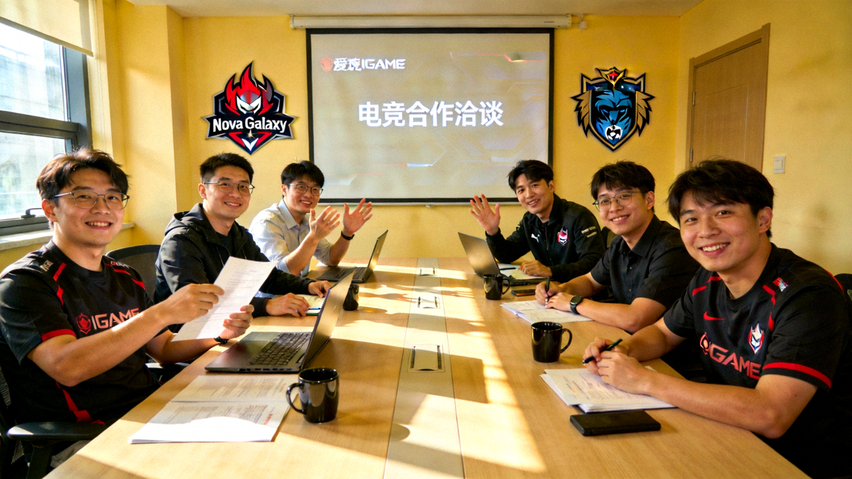 爱游戏IGAME团队与国际电竞豪门Nova Galaxy成员在会议室热烈讨论合作细节的场景