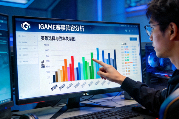 电竞教练正在分析IGAME赛事阵容，展示英雄选择与胜率关系图