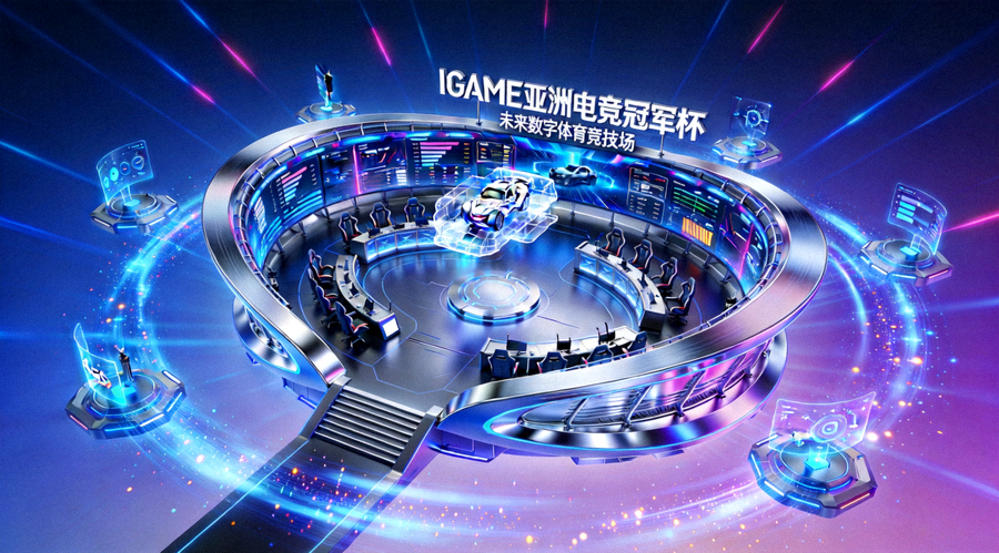 未来IGAME亚洲电竞冠军杯赛事舞台概念图，充满科技感的数字体育竞技场